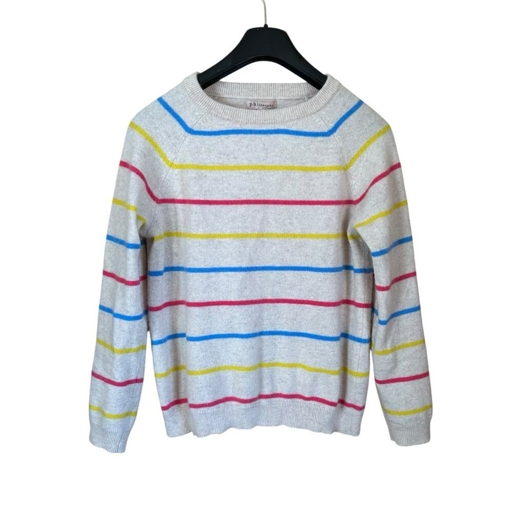 Philosophy 100% Cashmere Striped Crewneck Sweater Beige Sz M